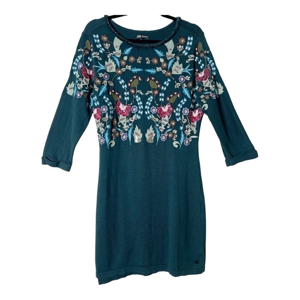 Didi Pretty Different Womens Embroidered Embellished Green Sweater Dress Size 40